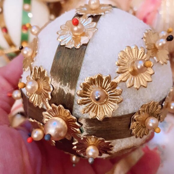 Vintage Handmade Beaded Diamond Crusted Sequins Christmas Ball Ornament Set of 9 - Picture 2 of 8